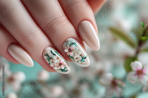 Female hands with beautiful spring blooming flowers nail design on long nude color nails. Woman hands with trendy polish manicure on background with spring flowers photo