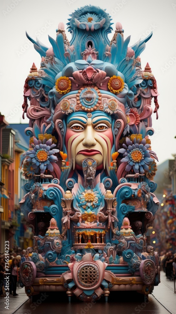 Obraz premium A vibrant float featuring intricate decorations stands prominently in the middle of a bustling street during a festive parade.