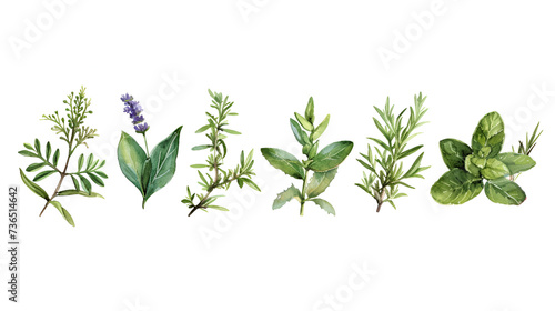 Various plants displayed in a row on a white background