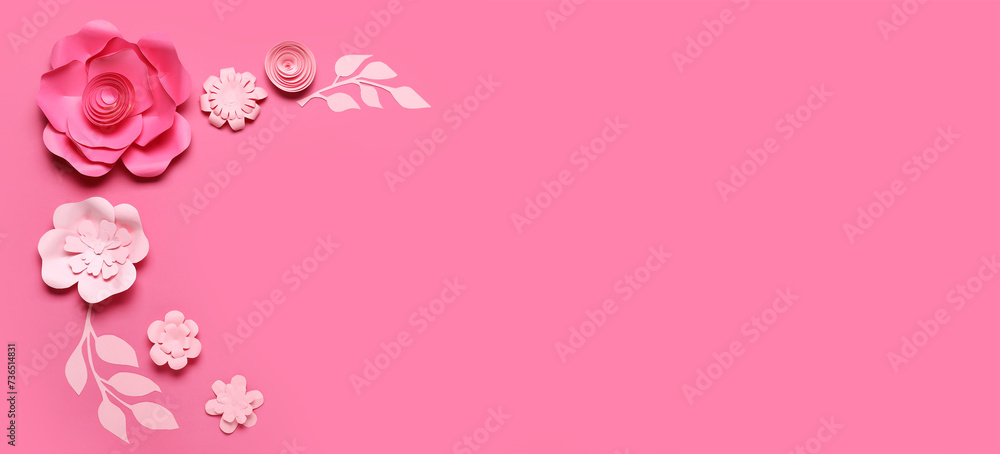 Beautiful paper flowers and leaves on pink background with space for text