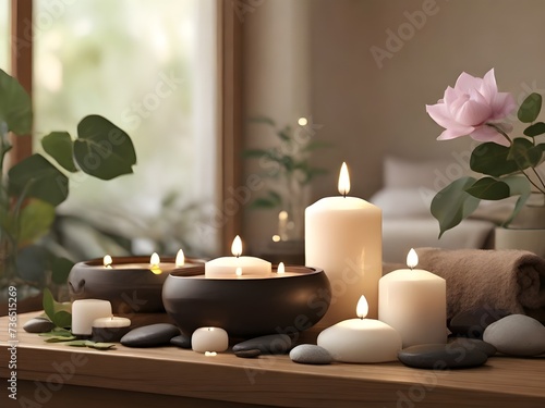 Harmony in Relaxation: Experience Peace in a Spa Environment with Soft Candlelight, Soothing Stones, and Fragrant Oils, generative AI