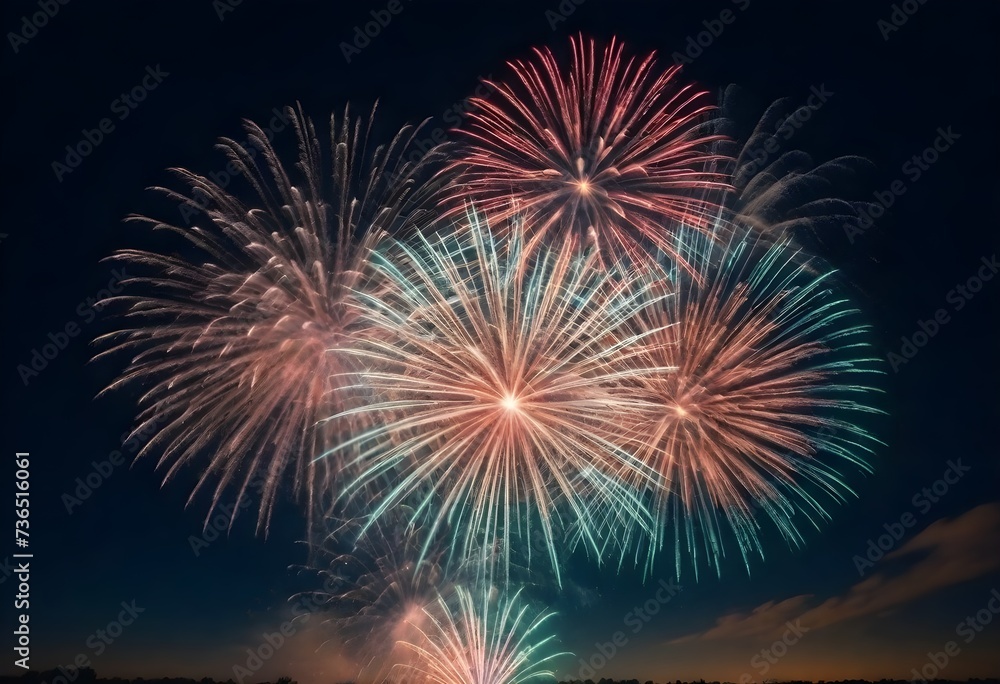 A fireworks display with multiple bursts of red and white against a night sky A fireworks display with multiple bursts of red and white against a night sky