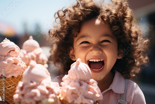 Little smiling curly girl holding a big cone with ice cream in her hands.