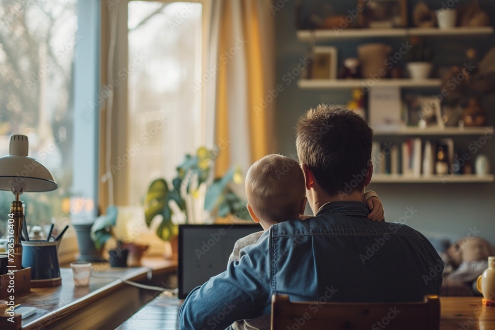 father working on his laptop from home while taking care of his baby father working on his laptop from home while taking care of his baby