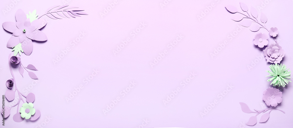 Frame made of beautiful paper flowers and leaves on lilac background Frame made of beautiful paper flowers and leaves on lilac background