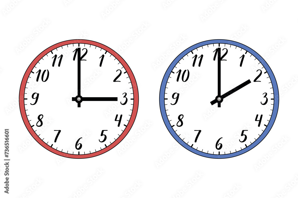 Illustration of two wall clocks on white. The red one symbolizes summer, the blue one winter. Symbol of time change. Moving the hands forward from 3:00 to 2:00. Standard time and daylight saving time. Illustration of two wall clocks on white. The red one symbolizes summer, the blue one winter. Symbol of time change. Moving the hands forward from 3:00 to 2:00. Standard time and daylight saving time.