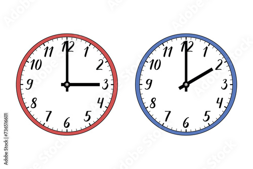 Illustration of two wall clocks on white. The red one symbolizes summer, the blue one winter. Symbol of time change. Moving the hands forward from 3:00 to 2:00. Standard time and daylight saving time.