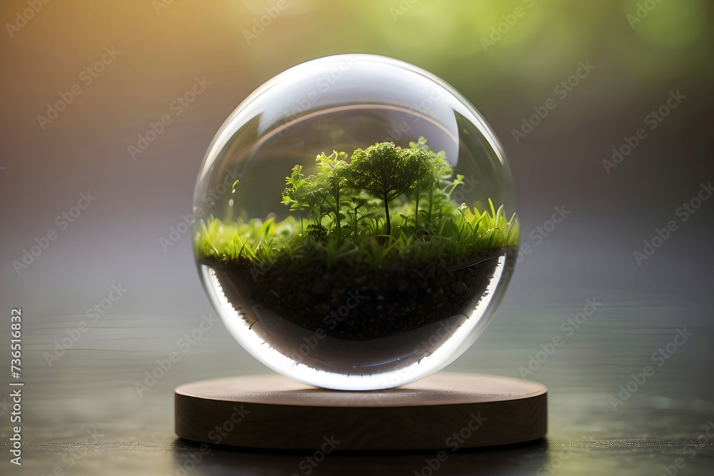 Glass ball with a miniature ecosystem, sustainable ecology concept, generative AI
