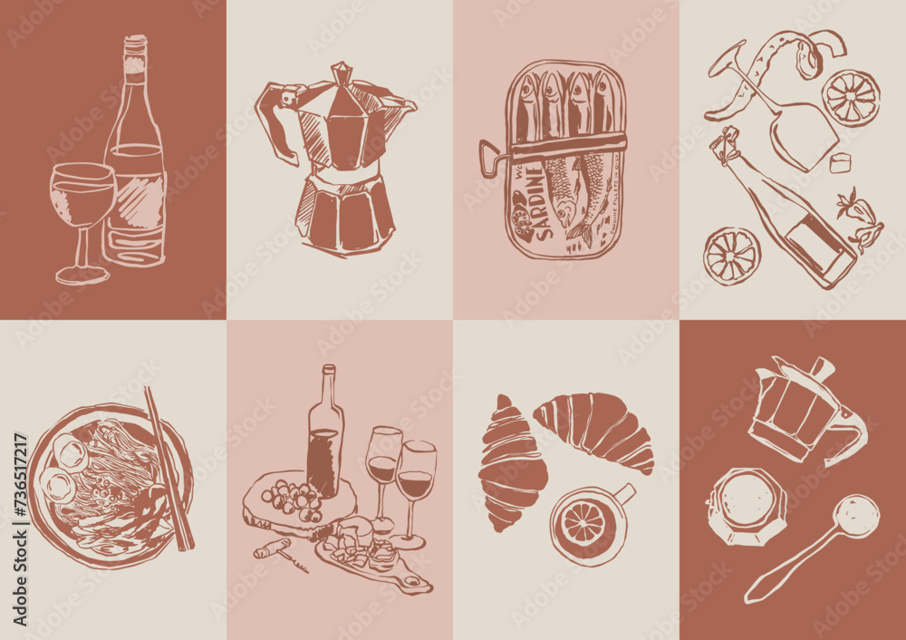 Minimalist hand drawn food and drink vector print poster collection. Art for postcards, branding, logo design, background.