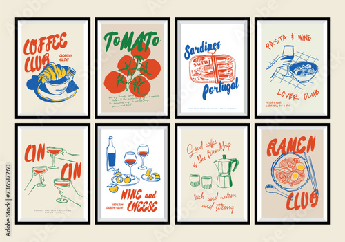 Minimalist hand drawn food and drink vector print poster collection. Matisse style. Art for postcards, branding, logo design, background.