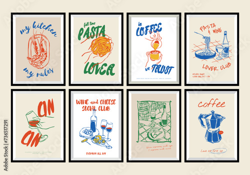 Minimalist hand drawn food and drink vector print poster collection. Art for postcards, branding, logo design, background.