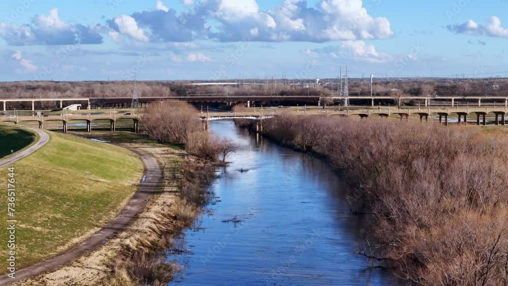 Low aerial drone shot of Trinity River in Texas outside of the City of Dallas. Low aerial drone shot of Trinity River in Texas outside of the City of Dallas.