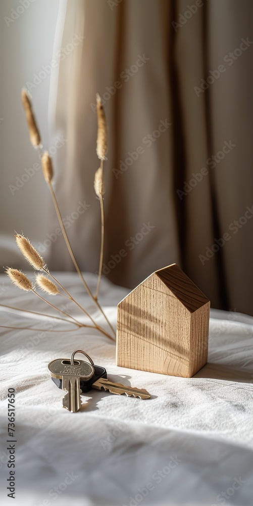 Obraz premium keys placed next to a wooden home model on a pristine white table in a newly acquired apartment or hotel room, symbolizing the concepts of mortgage, investment, rent.