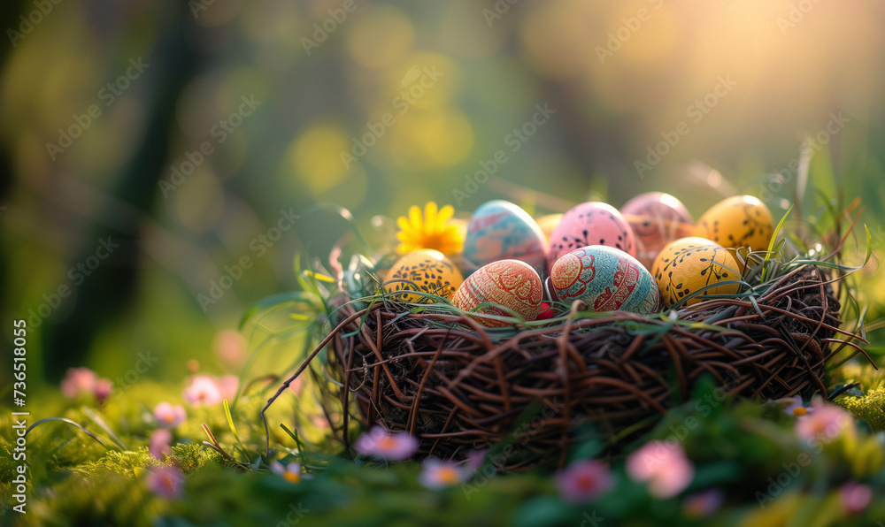 A wicker nest filled with decorated Easter eggs, located in the heart of nature, surrounded by grass and tiny flowers. A wicker nest filled with decorated Easter eggs, located in the heart of nature, surrounded by grass and tiny flowers.