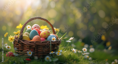 A basket with colorful Easter eggs on a green lawn surrounded by small flowers, under a soft and bright light with a blurred bokeh effect background.copy space