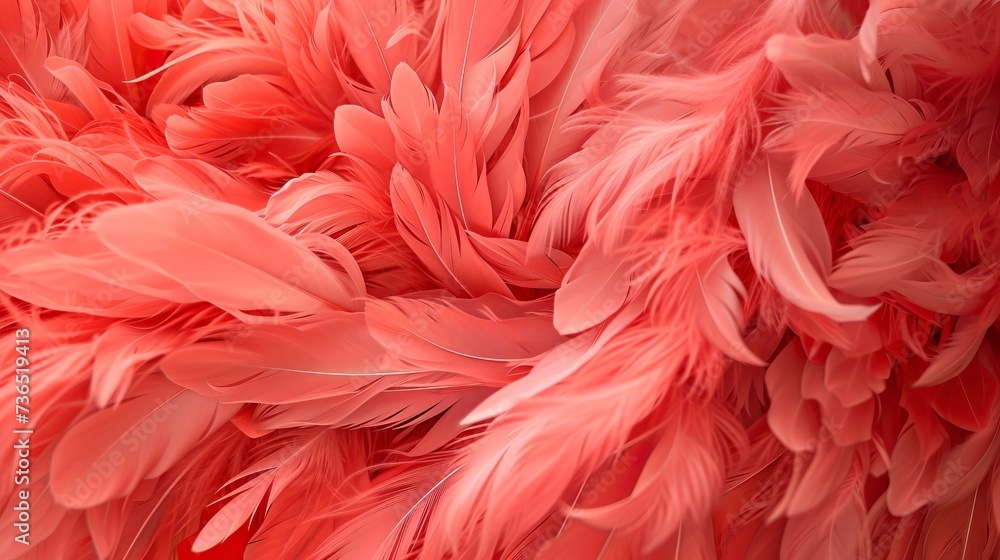 The detailed image shows an array of delicate, fluffy feathers in a beautiful shade of coral pink, with the light highlighting their soft, fine texture and the intricate patterns created by the overla