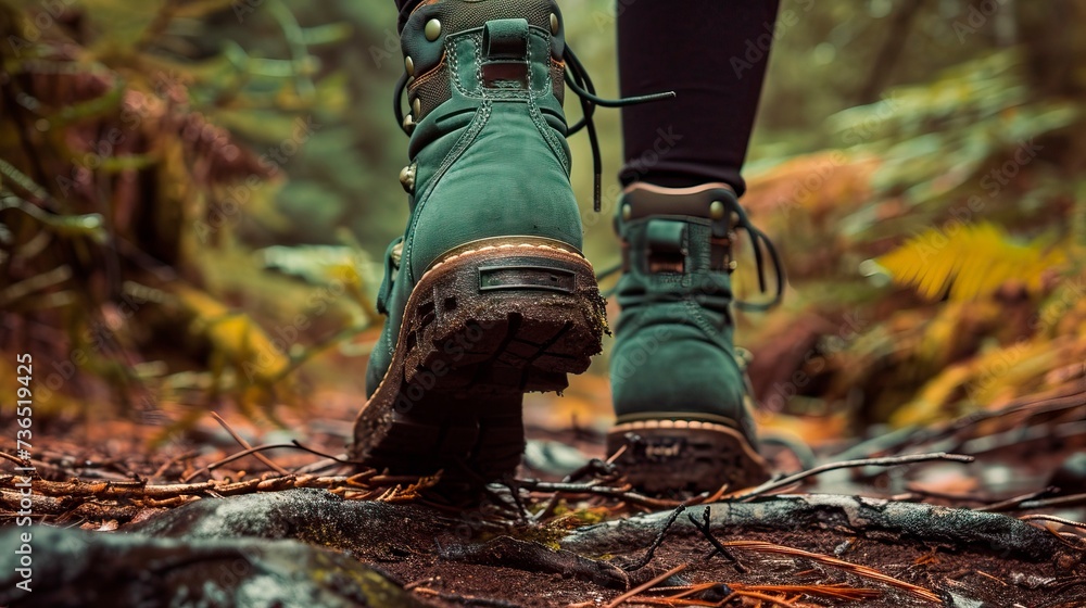 The image captures a close-up view of a hiker's feet, clad in sturdy green hiking boots, stepping forward on a woodland path covered with autumnal leaves and pine needles, with a soft focus on the fer The image captures a close-up view of a hiker's feet, clad in sturdy green hiking boots, stepping forward on a woodland path covered with autumnal leaves and pine needles, with a soft focus on the fer