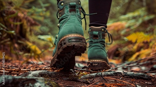 The image captures a close-up view of a hiker's feet, clad in sturdy green hiking boots, stepping forward on a woodland path covered with autumnal leaves and pine needles, with a soft focus on the fer