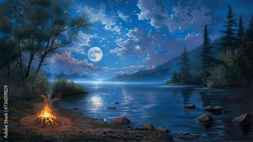 a campfire nestled by the river, its crackling flames casting a warm glow on the water's edge, while the full moon illuminates the scene with its mesmerizing radiance