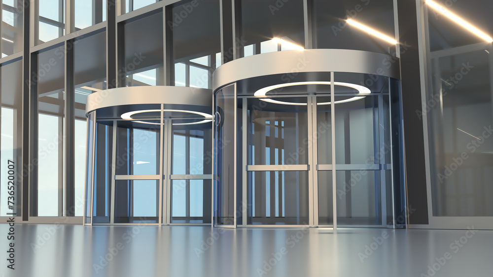 Fototapeta premium Entrance revolving doors and glass front of the building. 3d illustration