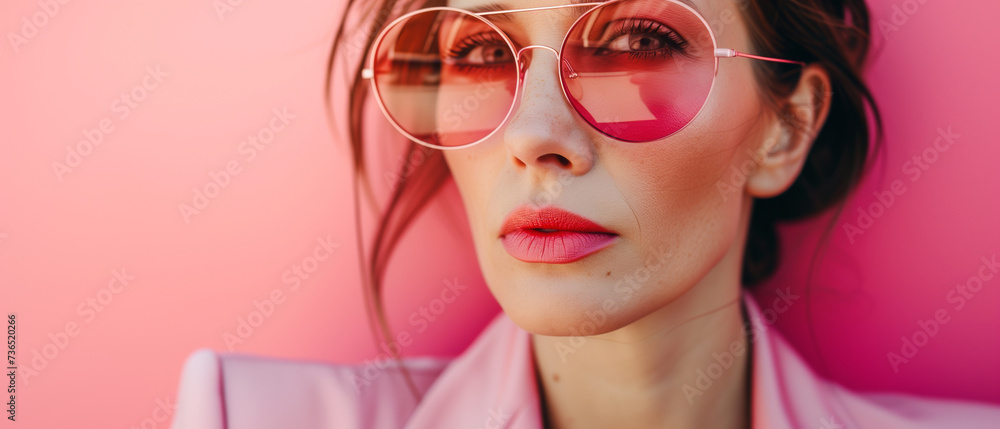 Vibrant Close-Up Portrait of a Young Woman Wearing Pink Sunglasses Against a Pink Background Vibrant Close-Up Portrait of a Young Woman Wearing Pink Sunglasses Against a Pink Background