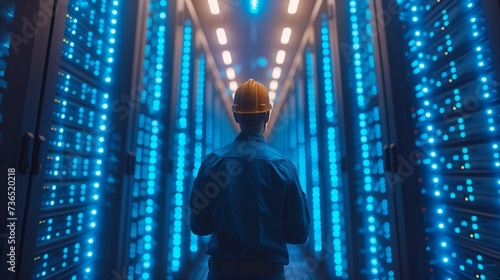 a man in a hard hat is standing in a server room