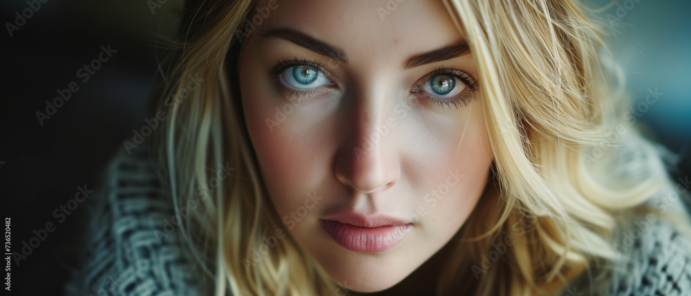 Intimate Portrait of a Young Woman with Striking Blue Eyes and Blonde Hair in Soft Focus