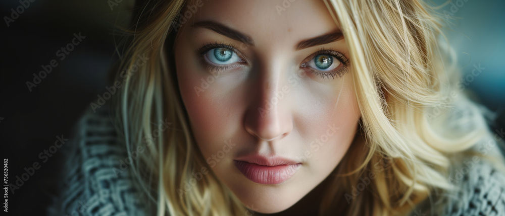 Intimate Portrait of a Young Woman with Striking Blue Eyes and Blonde Hair in Soft Focus Intimate Portrait of a Young Woman with Striking Blue Eyes and Blonde Hair in Soft Focus