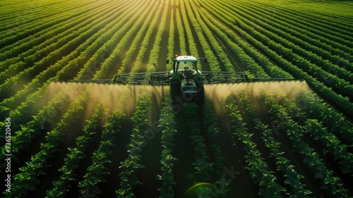 a tractor equipped with pesticide sprayers as it moves through a vast soybean field  its mechanical arms extending to reach the crops below  modern agricultural practices.