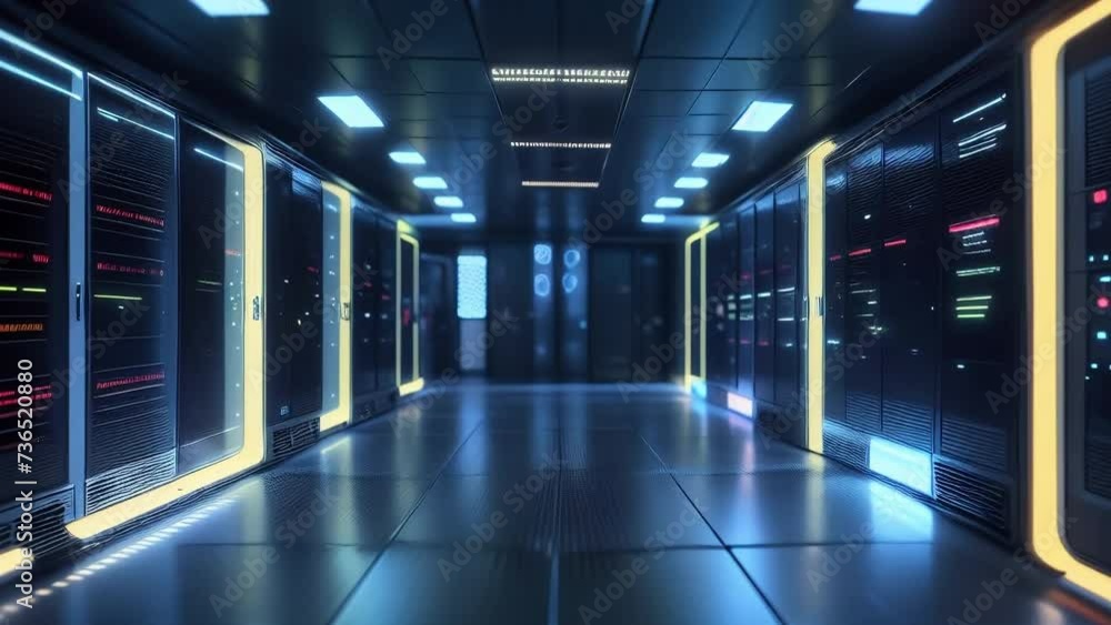 Server room with neon lights. Networks and global communication background. AI generated loop. Server room with neon lights. Networks and global communication background. AI generated loop.