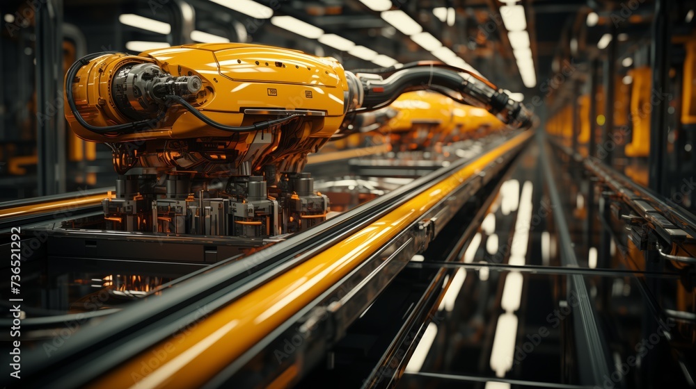 Yellow robotic machines on conveyor belt in an engineering factory