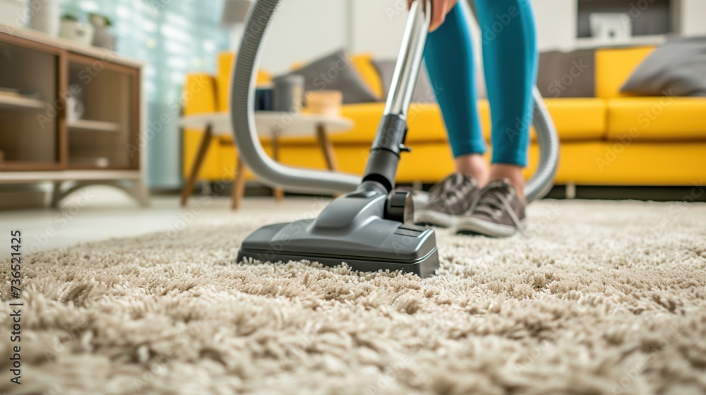 Realistic photograph of a Woman using a vacuum cleaner while cleaning carpet in the house