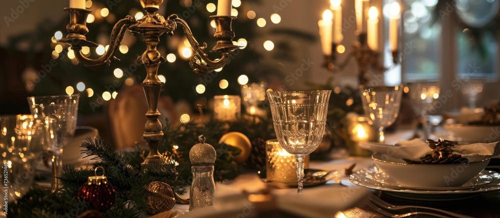 Festive Christmas dining table with bronze candelabra, gilded wine glasses, and candlelight ambiance.