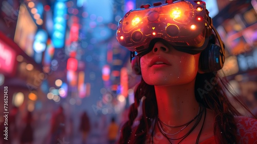 a woman is wearing a virtual reality headset in a futuristic city