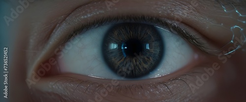 A close-up of a blue human eye with visible details of the iris and eyelashes, with a reflection on the cornea