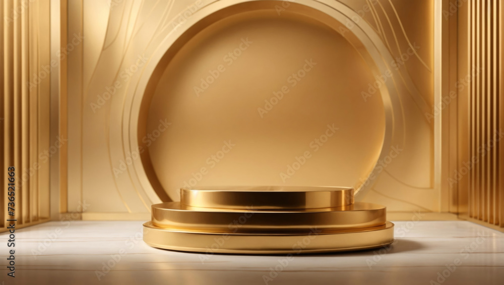 A Luxury cylindrical gold display podium stand for product presentation A Luxury cylindrical gold display podium stand for product presentation