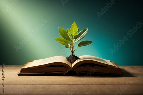An old book with a plant growing through the middle page, depicting learning, knowledge and growth photo