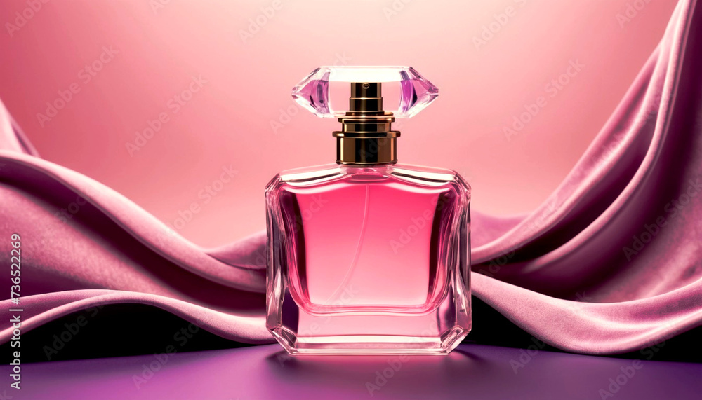 Product mockup - cosmetic or perfume bottle on flowing abstract delicate purple cloth background. Cosmetic mockup for product. purple arabian scent concept. Product mockup - cosmetic or perfume bottle on flowing abstract delicate purple cloth background. Cosmetic mockup for product. purple arabian scent concept.