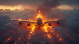 Airplane flying with fire in the sky