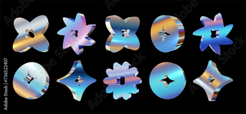 Set of 3D geometric abstract shapes with metallic holographic rainbow surface and neon gradient, reflective and glossy, in Y2K retro futuristic style. Isolated vector elements for 2000s design