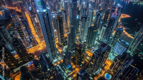 Aerial view of big city at night with skyscrapers © Barosanu