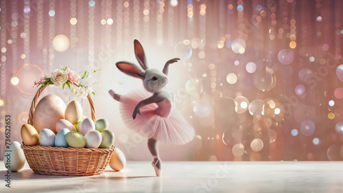 Easter bunny dressed as a ballerina next to basket of eggs