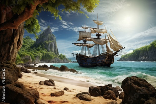 Majestic Pirate ship at beach. Sea tropical island. Generate Ai