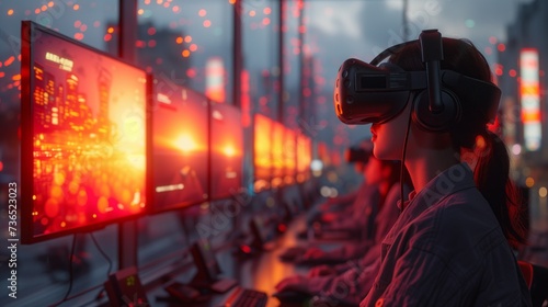 a woman is wearing a virtual reality headset while playing a video game
