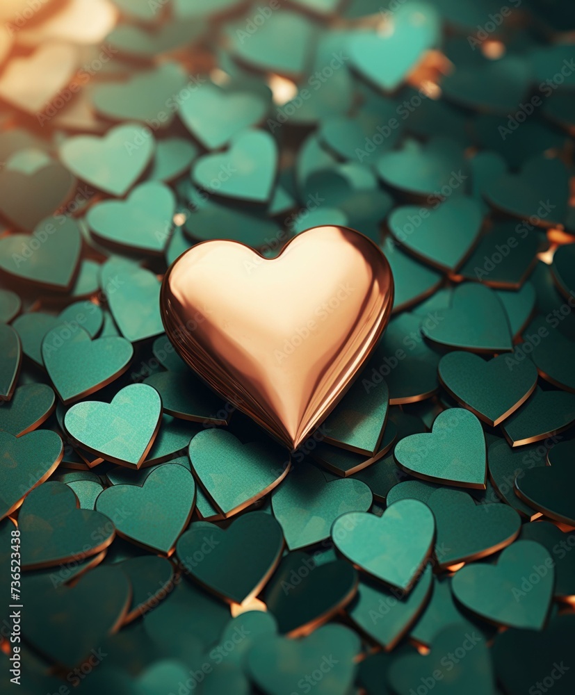 A heart surrounded by many hearts on a green background. Generative AI. A heart surrounded by many hearts on a green background. Generative AI.