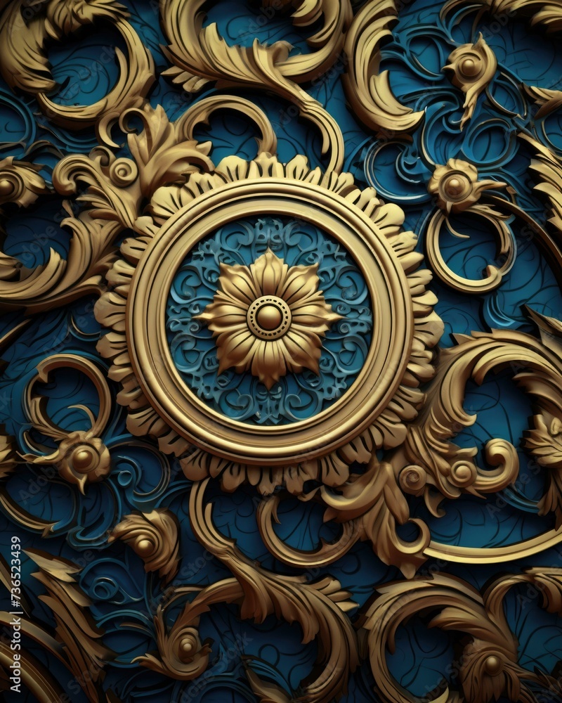 Golden wall background with ornate design. Generative AI.