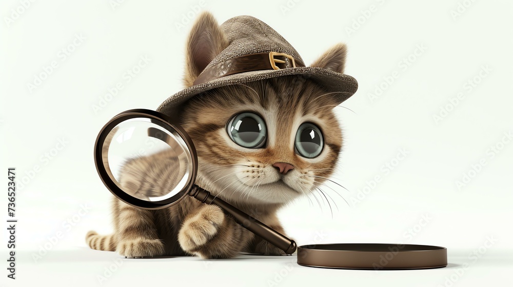 A charming 3D cat character dons a classic detective hat and diligently investigates with a magnifying glass. This whimsical illustration in high-resolution presents a lovable feline detecti - obrazy, fototapety, plakaty 