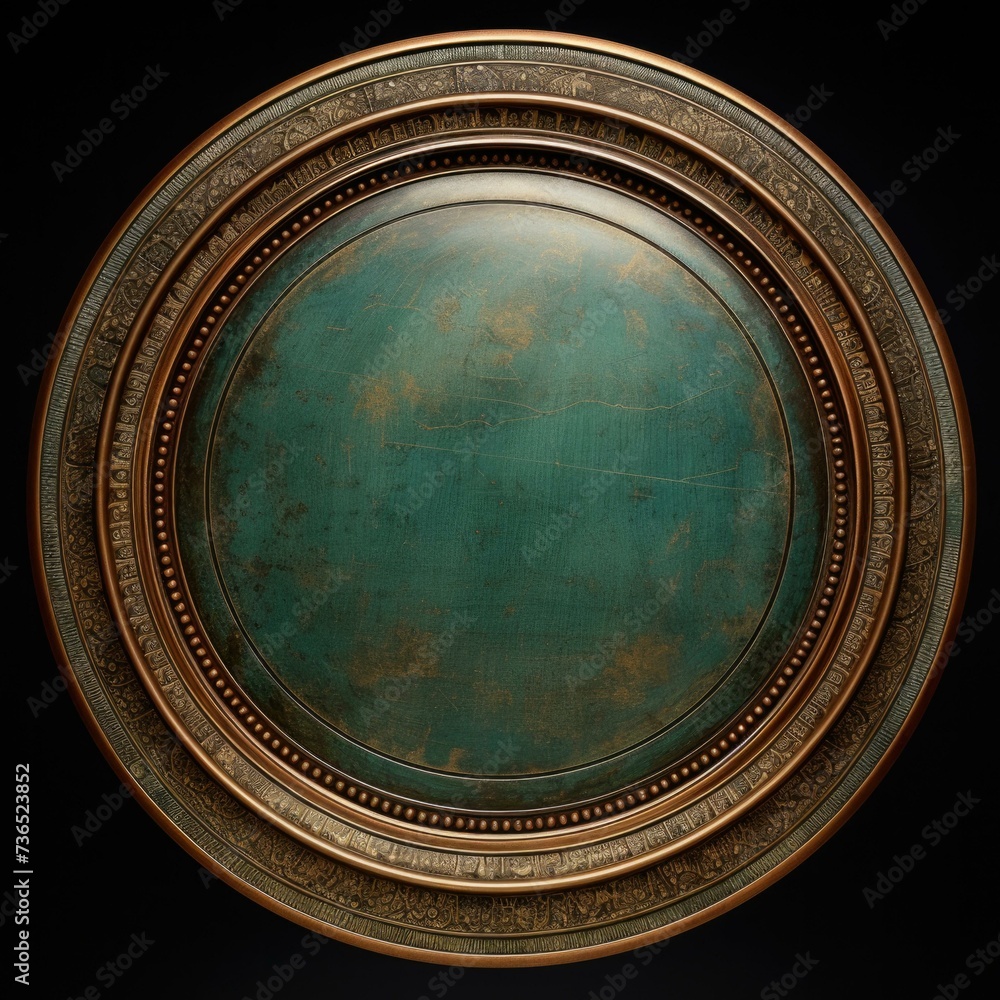 A circular plate with a green and gold paint. Generative AI.