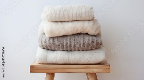 Stack of warm neutral beige clothes on wooden stool over white wall.