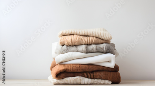 Stack of warm neutral beige clothes on wooden stool over white wall. photo